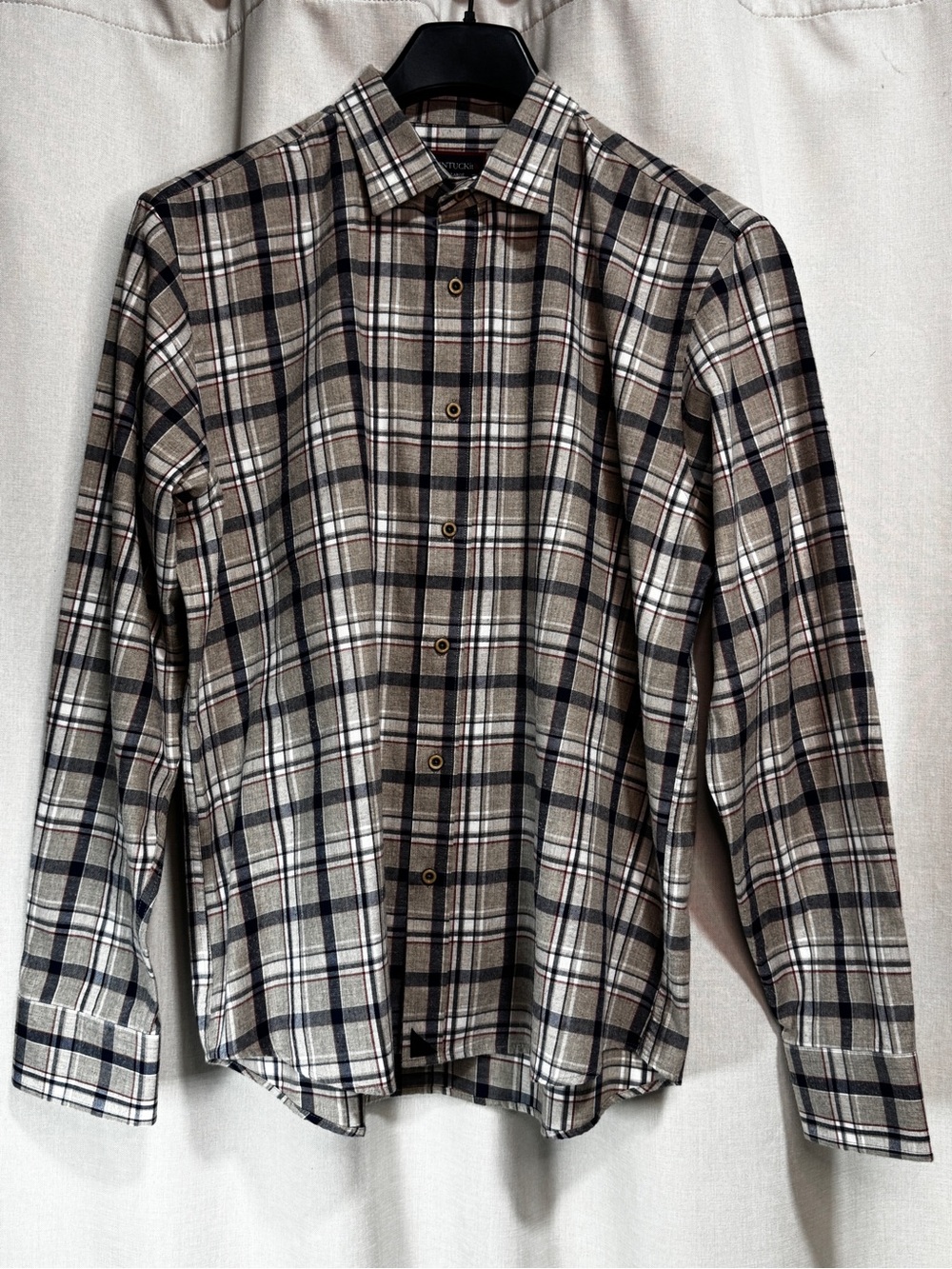 UNTUCKit Men's L Plaid Long Sleeve Button-Front Cotton Shirt Beige Gray Blue
